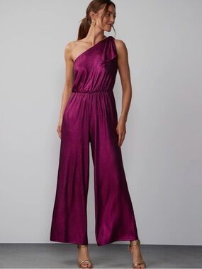 NY&C Metallic One Shoulder Jumpsuit Magenta Pink Wide Leg NWT Large
